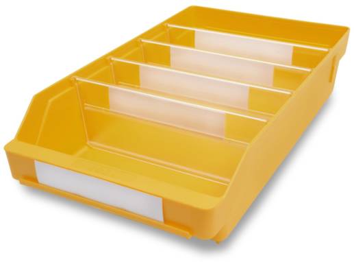 Żółta plastikowa taca z czterema przegródkami do przechowywania lub sortowania. Przednia strona posiada pole do opisania. Idealna do organizacji biura.
