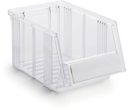 Przezroczysta plastikowa skrzynka z otwartym wejściem z przodu, odpowiednia do przechowywania małych przedmiotów.