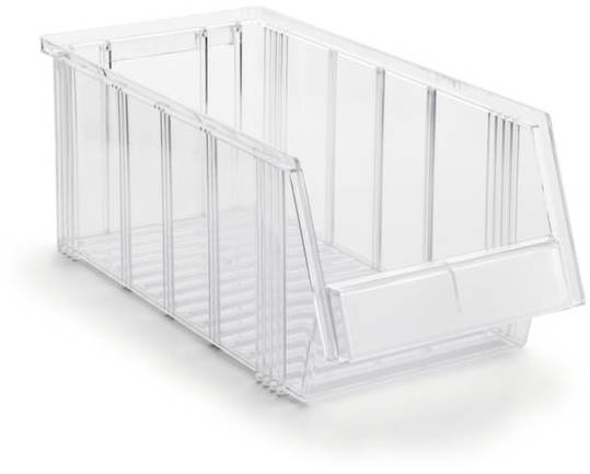 Przezroczysty pojemnik z tworzywa sztucznego z otwartą przednią ścianką, odpowiedni do przechowywania i organizacji drobnych przedmiotów.