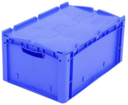 Niebieski plastikowy pojemnik z pokrywką, o standaryzowanych wymiarach, przydatny do magazynowania lub transportu towarów.