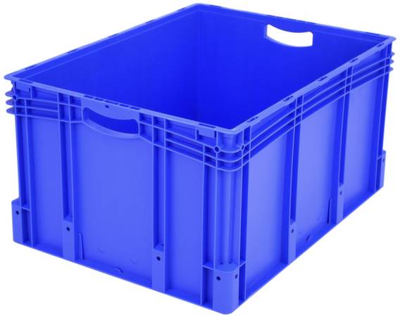 Niebieska plastikowa skrzynka z uchwytami bocznymi, odpowiednia do przechowywania lub transportu towarów.
