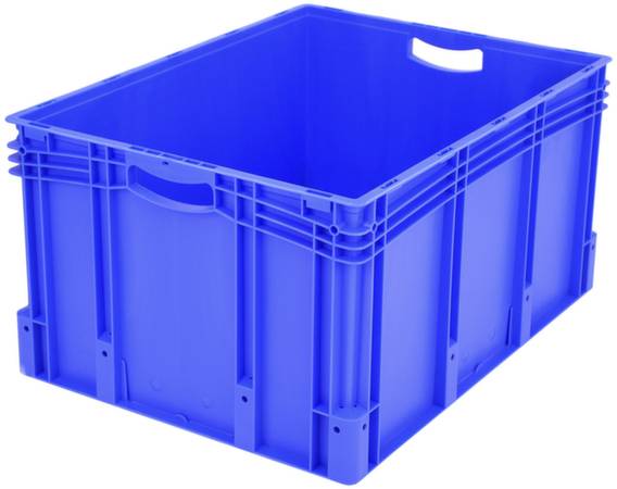 Niebieska plastikowa skrzynka z otwartymi uchwytami, pusta i solidnie wykonana, idealna do przechowywania lub transportu towarów.