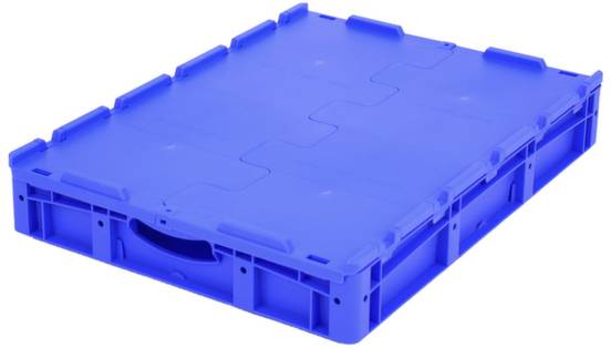 Niebieska plastikowa paleta o strukturze plastra miodu, prostokątna, z otworem uchwytu po boku. Wytrzymała, odpowiednia do transportu towarów.