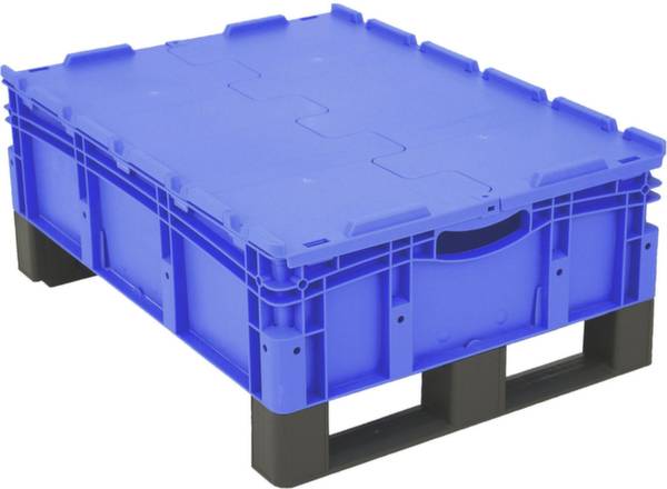 Niebieska plastikowa paleta z zamkniętą pokrywą na czarnej podstawie. Odpowiednia do magazynowania i transportu towarów.