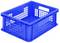 Niebieska skrzynka z tworzywa sztucznego z otwartymi bokami kratowymi. Odpowiednia do magazynowania i transportu.
