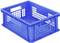Niebieska plastikowa skrzynka z wzorem kratki i uchwytami po bokach.
