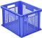 Niebieski plastikowy kosz o strukturze kratownicy, w kształcie prostokąta, z otwartą pokrywą i uchwytami po bokach, na białym tle.