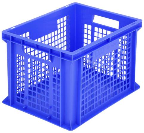 Niebieska plastikowa skrzynka z kratowym wzorem. Posiada uchwyty po bokach i jest wystarczająco duża do przechowywania lub transportu.