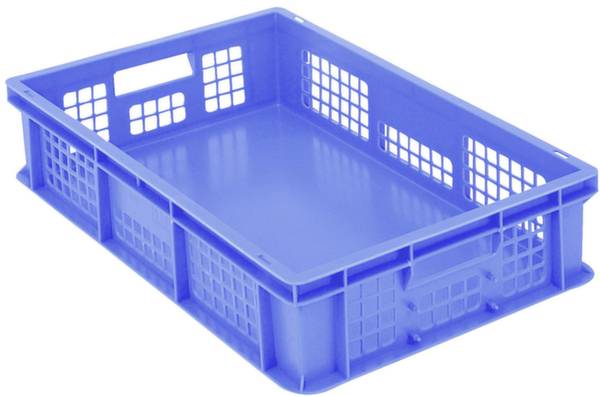 Niebieska skrzynka plastikowa o prostokątnym kształcie z ażurowymi ściankami. Idealna do przechowywania lub transportu towarów.