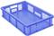 Niebieska skrzynka plastikowa o prostokątnym kształcie z ażurowymi ściankami. Idealna do przechowywania lub transportu towarów.