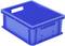 Niebieska plastikowa skrzynka z uchwytami po bokach, otwarta od góry. Nadaje się do przechowywania lub transportowania różnych przedmiotów.