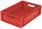 Czerwona plastikowa skrzynka z uchwytami, prostokątna, możliwa do sztaplowania. Idealna do transportu lub przechowywania towarów.
