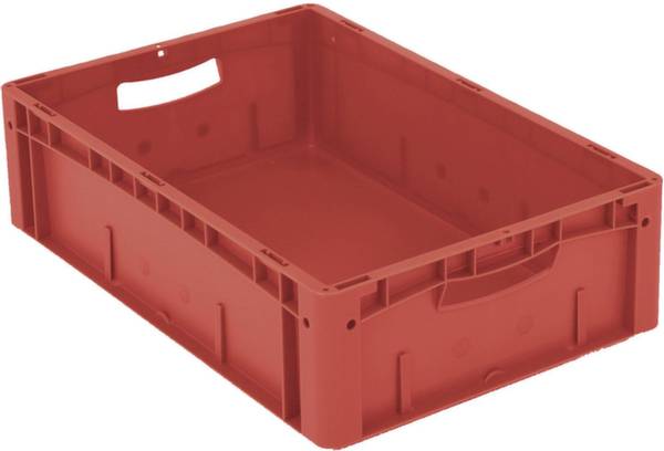 Czerwona plastikowa skrzynka z uchwytami bocznymi, możliwa do sztaplowania, o prostokątnym kształcie, odpowiednia do magazynowania lub transportu.
