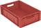 Czerwona plastikowa skrzynka z uchwytami bocznymi, możliwa do sztaplowania, o prostokątnym kształcie, odpowiednia do magazynowania lub transportu.