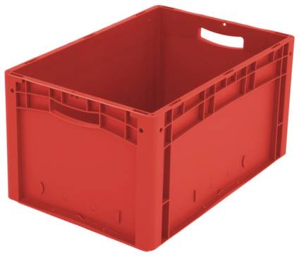 Czerwona plastikowa skrzynka z otworem na uchwyt.