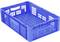 Niebieska plastikowa skrzynka w kształcie prostokąta z ażurowymi ściankami i otworami w dnie, odpowiednia do przechowywania lub transportu.