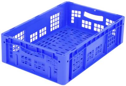 Niebieska plastikowa skrzynka z ażurowymi ściankami i dnem, o prostokątnym kształcie, odpowiednia do transportu lub przechowywania przedmiotów.