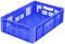 Niebieska plastikowa skrzynka z ażurowymi ściankami i dnem, o prostokątnym kształcie, odpowiednia do transportu lub przechowywania przedmiotów.