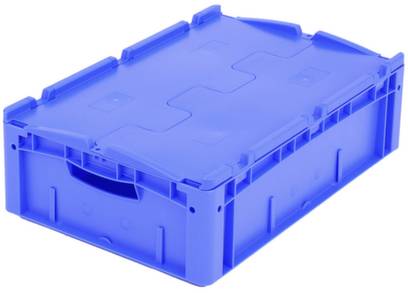 Niebieski plastikowy pojemnik z uchwytem z przodu i pokrywą, odpowiedni do przechowywania lub transportu przedmiotów.