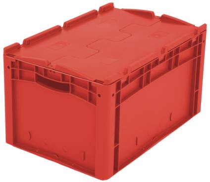 Czerwone plastikowe pudełko magazynowe z zamkniętą pokrywą, o prostokątnym kształcie, przydatne do przechowywania lub transportu.