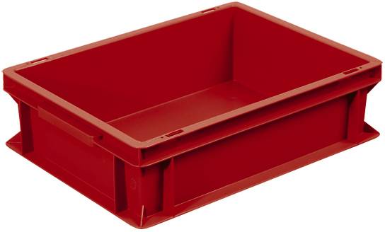 Plastikowa, prostopadłościenna skrzynka w stylu przemysłowym, pusta, możliwa do układania w stos, z gładkimi ściankami i uchwytami po bokach.