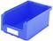 Niebieski plastikowy pojemnik magazynowy z otwartą przednią częścią, idealny do przechowywania różnych przedmiotów.