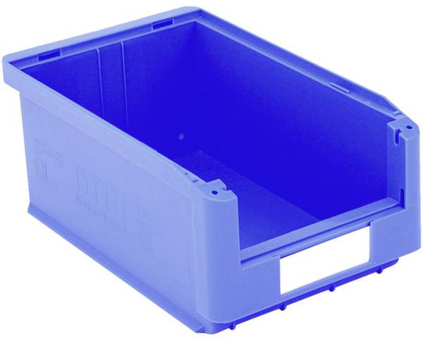 Niebieskie plastikowe pudełko magazynowe z otwartą przednią ścianką, przeznaczone do przechowywania i organizacji drobnych przedmiotów.