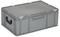 Szara plastikowa skrzynka z pokrywą i uchwytami bocznymi. Idealna do przechowywania lub transportu przedmiotów.