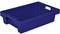 Prostokątny, niebieski pojemnik z tworzywa sztucznego z uchwytami, przeznaczony do przechowywania lub transportu przedmiotów.