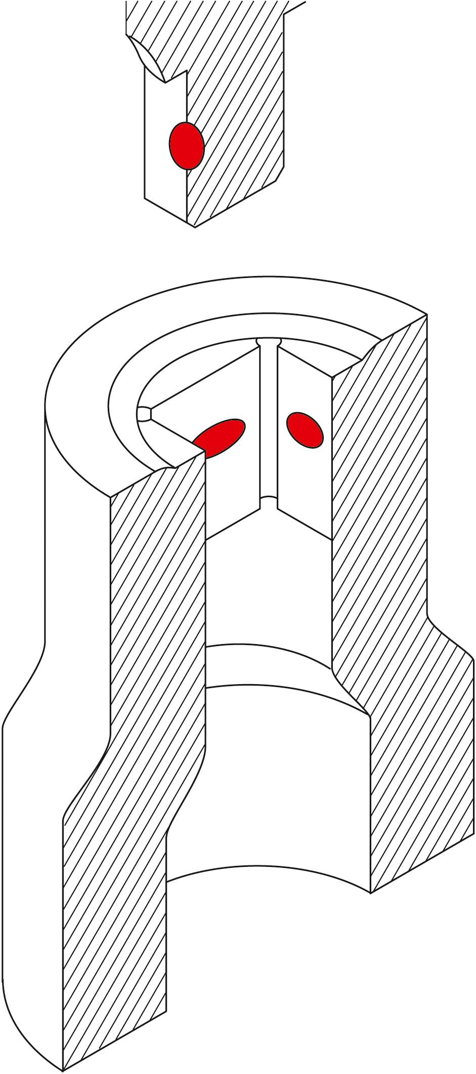 Diagram techniczny przedstawia dwustopniowe połączenie z bolcem, gdzie czerwone punkty oznaczają pozycję tych bolców.