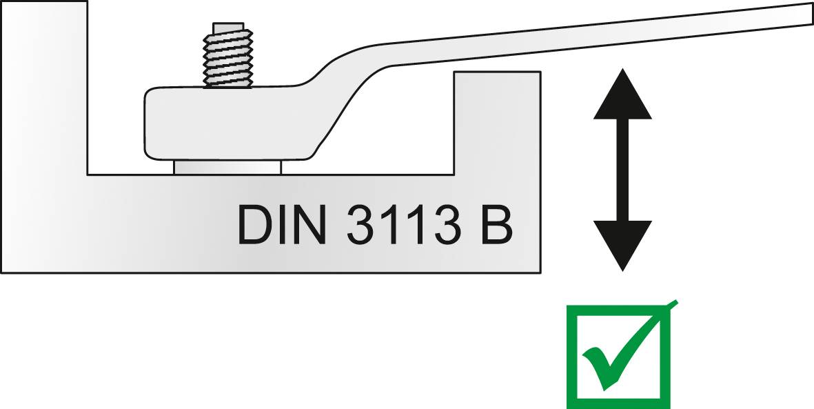 Rysunek narzędzia zgodnie z normą DIN 3113 B. Dźwignia porusza się w górę i w dół. Zielony znacznik wskazuje poprawność.