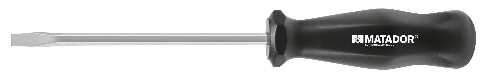 Wkrętak z czarną rękojeścią i płaskim ostrzem, marka Matador.