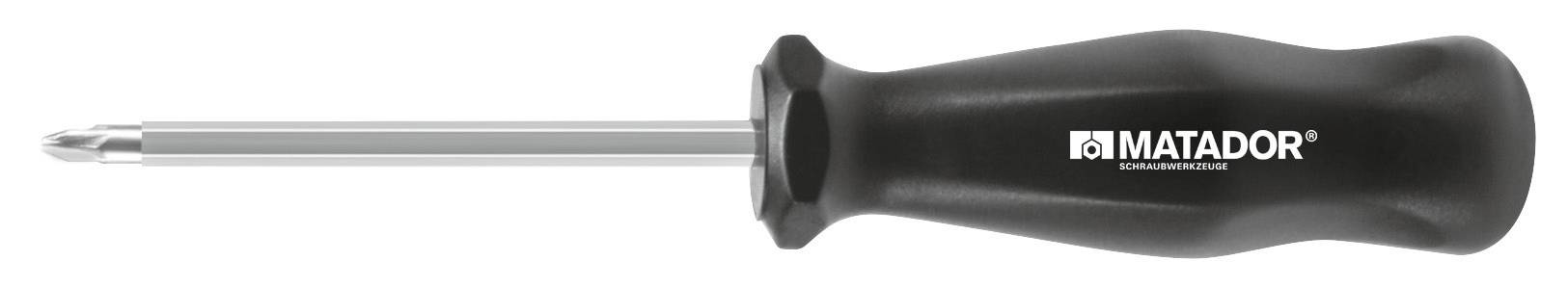 Wkrętak z czarnym uchwytem i srebrnym grotem, ułożony poziomo; na rękojeści napis 'MATADOR'.