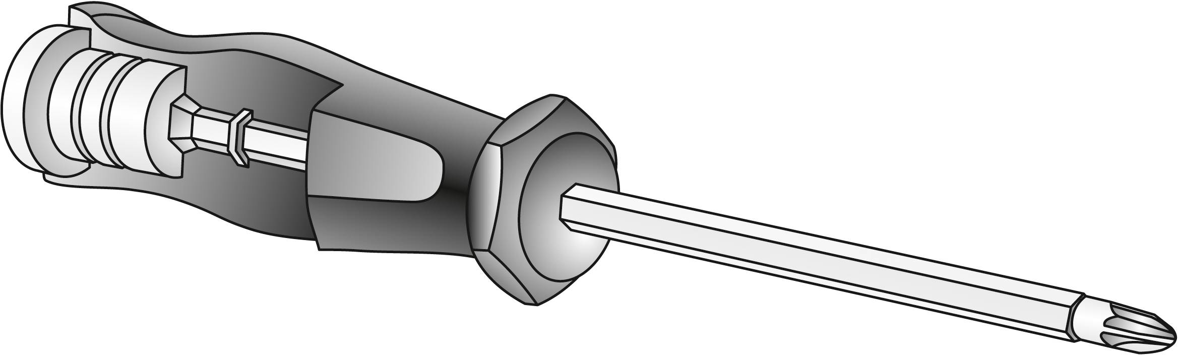 Wkrętak krzyżakowy z ergonomiczną rękojeścią, z końcówką w kolorze srebrno-szarym, przeznaczony do montażu wkrętów krzyżowych.