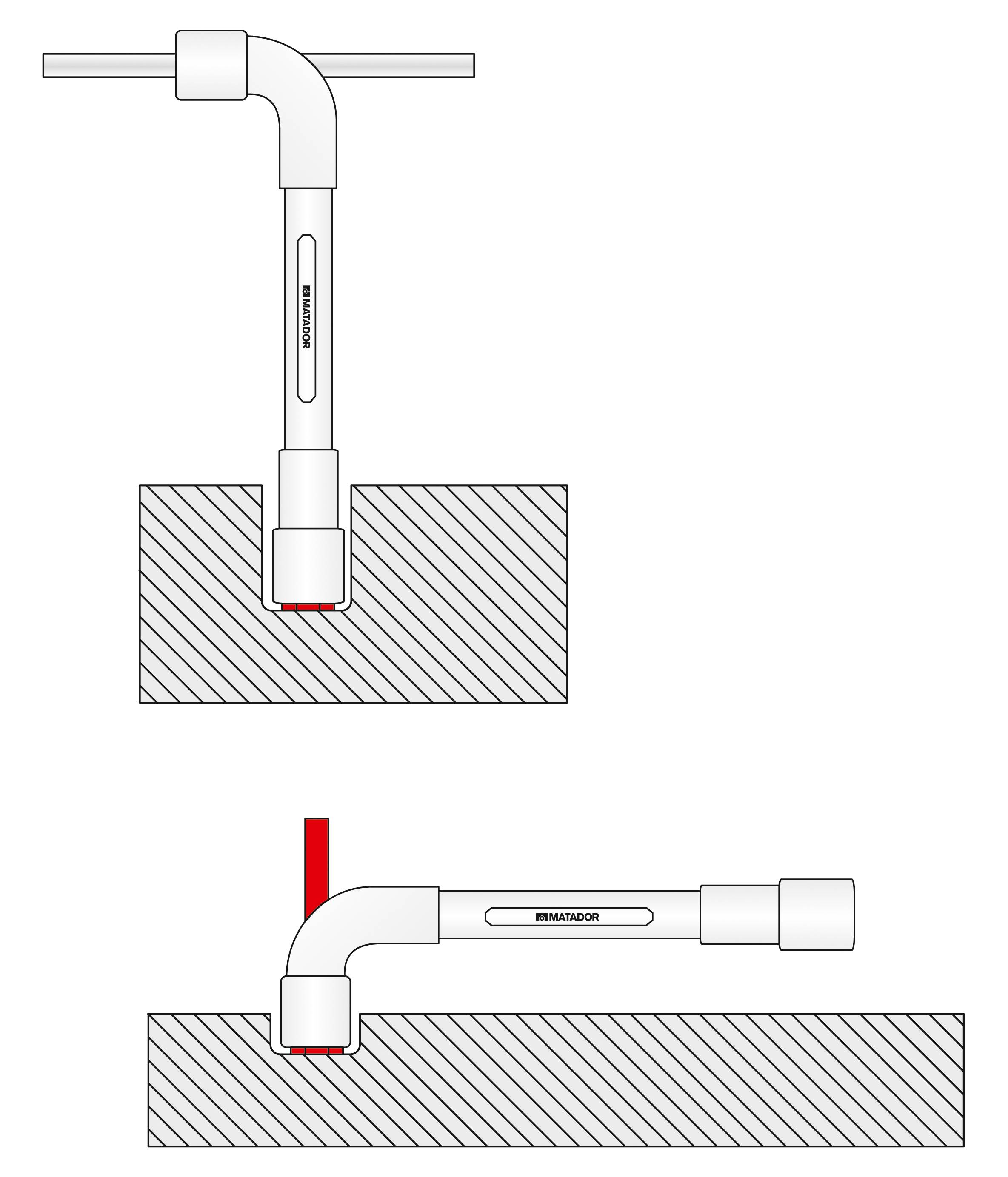 Diagram przekroju poprzecznego rury z zaworem w pozycji pionowej i poziomej. Przedstawiono zablokowane wejście do kontroli przepływu.