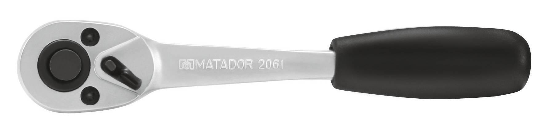 Grzechotka z czarnym uchwytem, srebrną głowicą i trzema okrągłymi otworami. Uchwyt jest oznaczony napisem 'MATADOR 2061'.