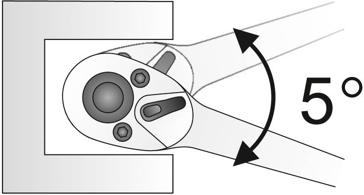 Grzechotka w wąskiej przestrzeni, pokazuje 5° kąta obrotu ze strzałkami.