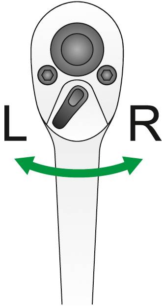 Grzechotka: Dźwignia po bokach oznaczona literami 'L' i 'R' ze strzałką wskazującą kierunek ruchu.