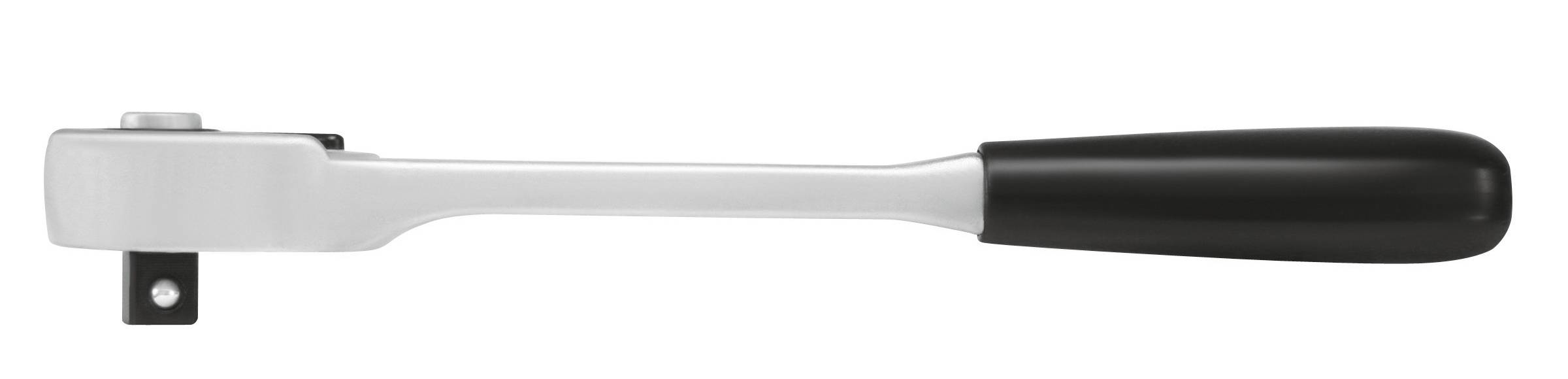 Klucz zapadkowy z czarną rękojeścią i metalowym korpusem, widziany z boku. Używany głównie w pracach mechanicznych i naprawczych.