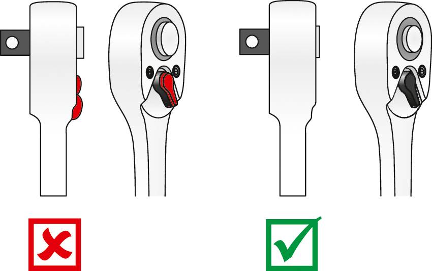 Rysunek przedstawia dwie grzechotki, po lewej stronie z czerwonym dźwignią w pozycji zablokowanej, oznaczonej symbolem 'X', po prawej stronie z czarną dźwignią w pozycji odblokowanej, oznaczonej symbolem '✔'.