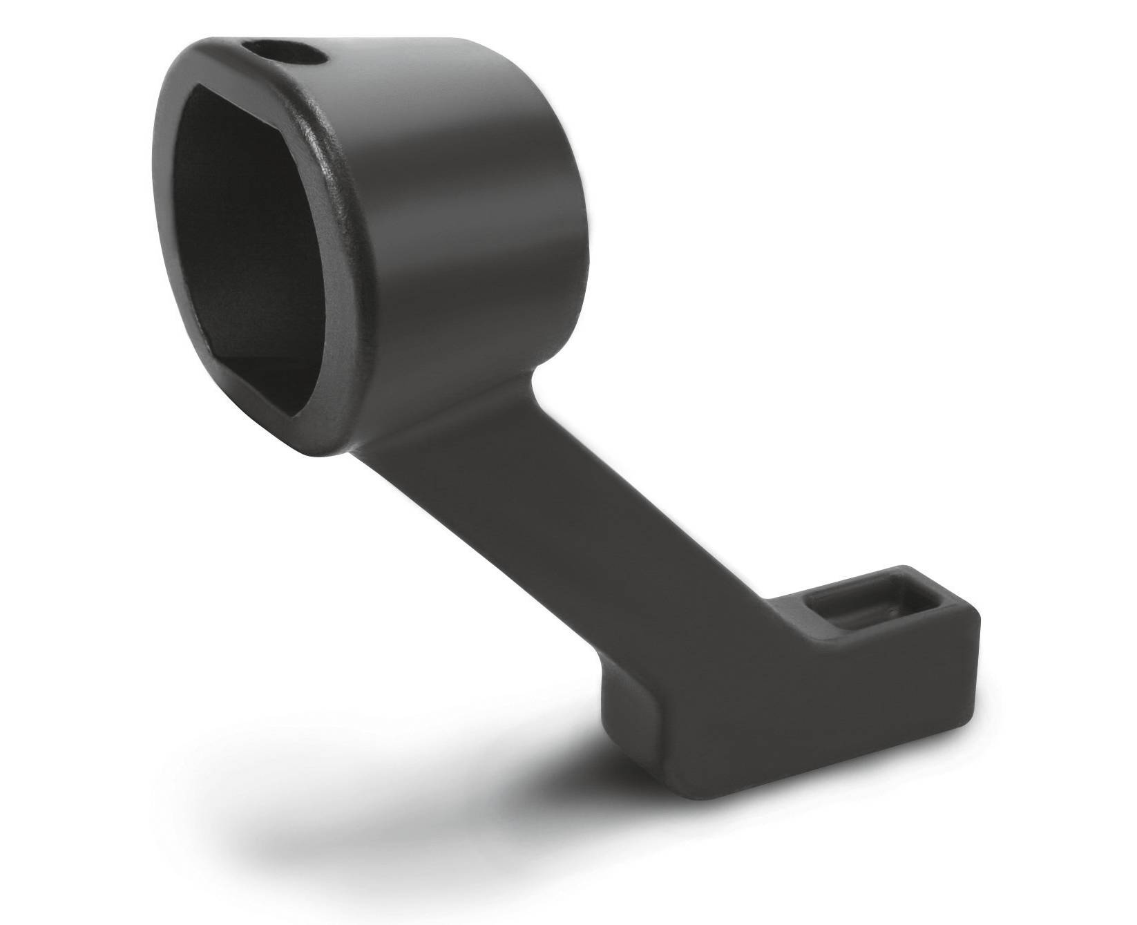 Czarna, cylindryczna część z tworzywa sztucznego z prostokątną podstawą, prawdopodobnie element techniczny lub uchwyt.