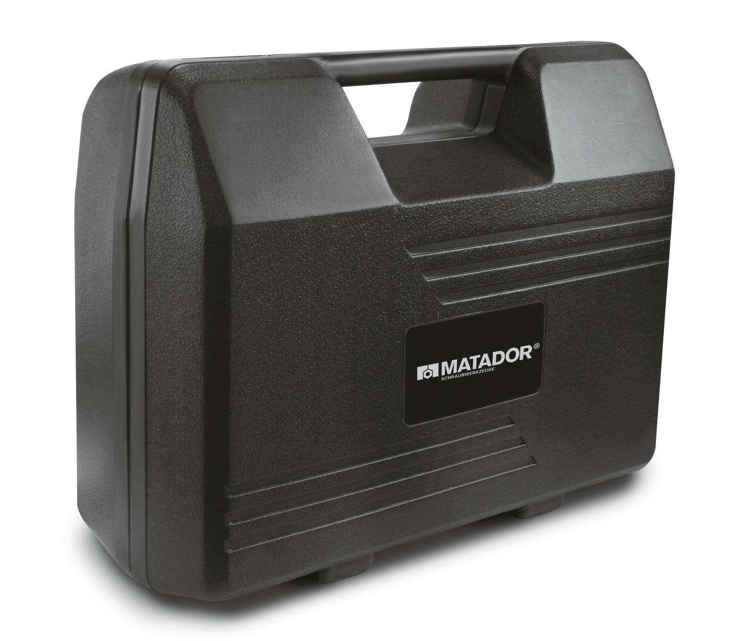 Czarny kufer na narzędzia z uchwytem do przenoszenia i nazwą marki 'MATADOR' na przedniej stronie.