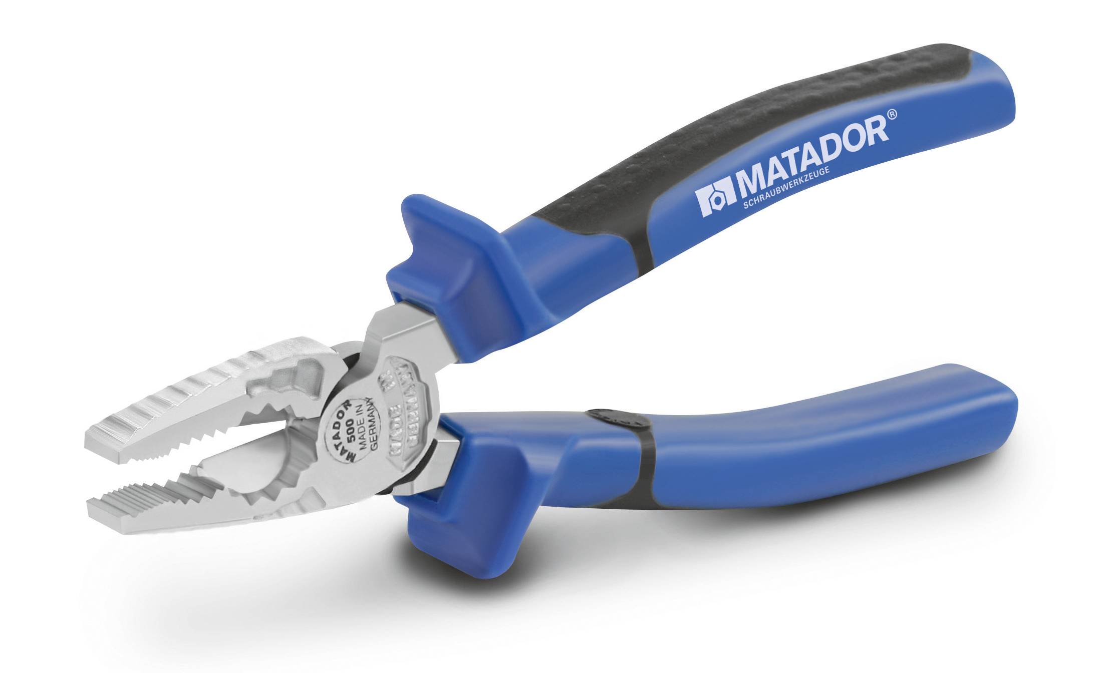 Niebieskie szczypce uniwersalne z logotypem marki na uchwytach. Odpowiednie do chwytania i cięcia podczas prac rzemieślniczych.