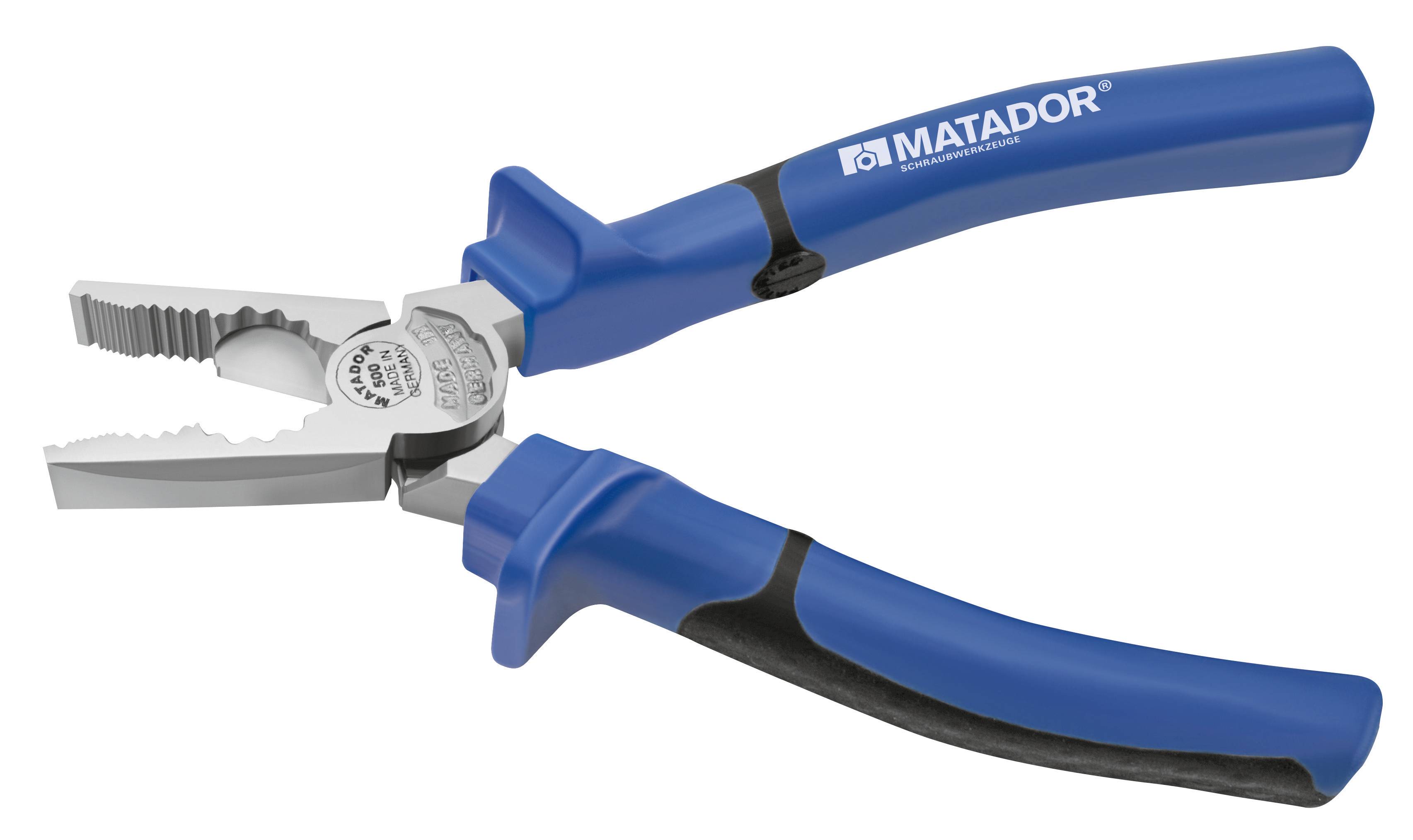 Niebieskie szczypce uniwersalne z ergonomicznymi uchwytami i uzębionym czubkiem, odpowiednie do różnorodnych prac rzemieślniczych.