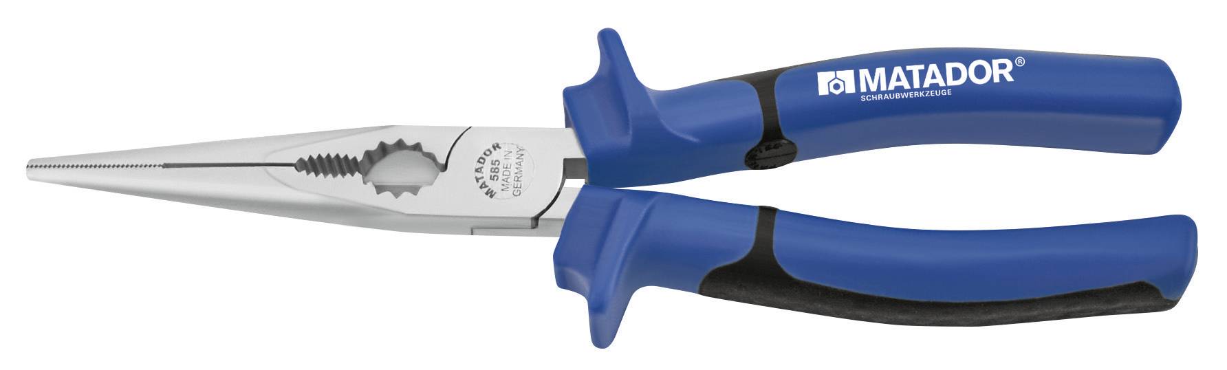 Długie szczypce špiczaste z niebieskim uchwytem, odpowiednie do precyzyjnych prac w ciasnych przestrzeniach. Oznaczone logo 'MATADOR'.
