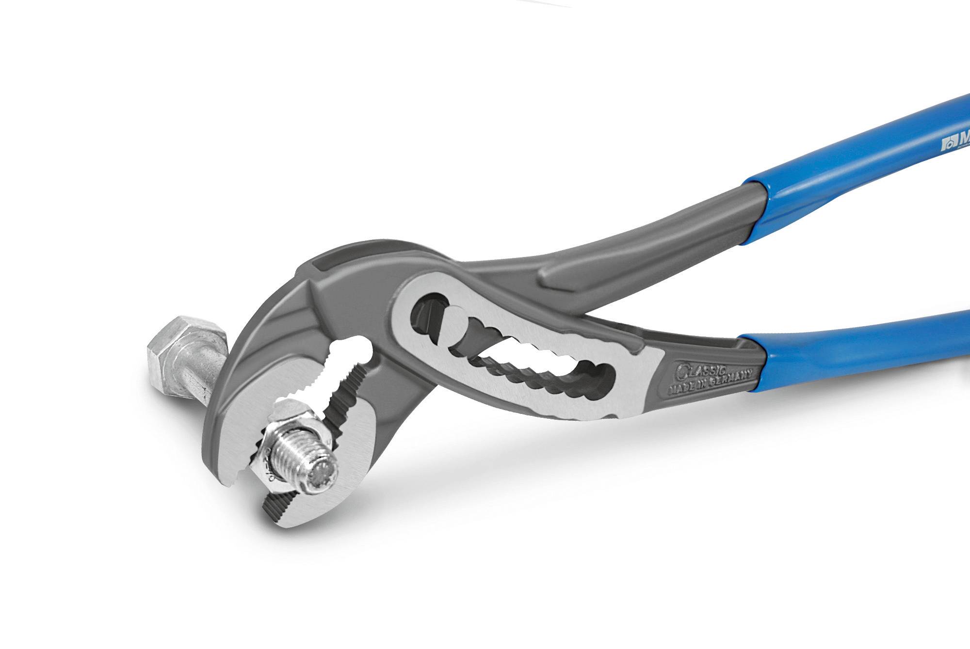Nastawny klucz do rur chwyta kompleks nakrętki sześciokątnej z śrubą. Klucz posiada niebieskie i szare uchwyty.
