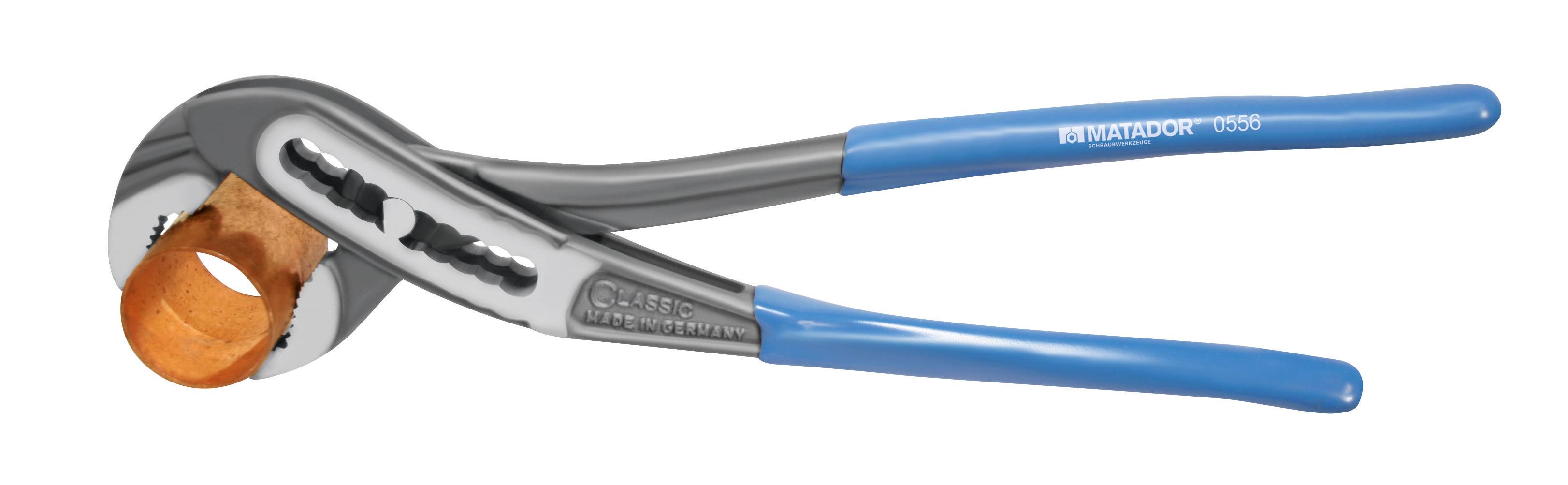 Szczypce do rur z niebieskimi uchwytami i regulowaną głowicą, odpowiednie do prac hydraulicznych lub instalacyjnych.