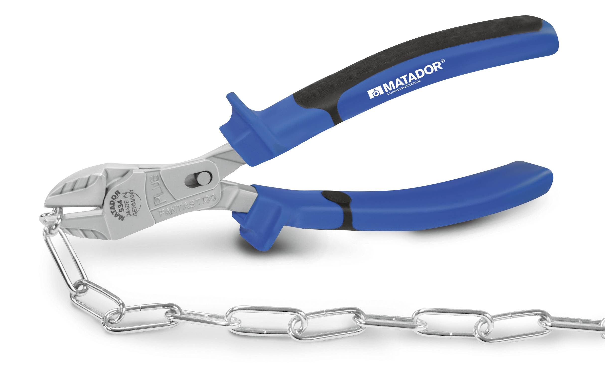 Niebieski obcinacz boczny marki Matador w akcji, przecinający srebrny łańcuch metalowy. Fokus na sile cięcia i precyzji.