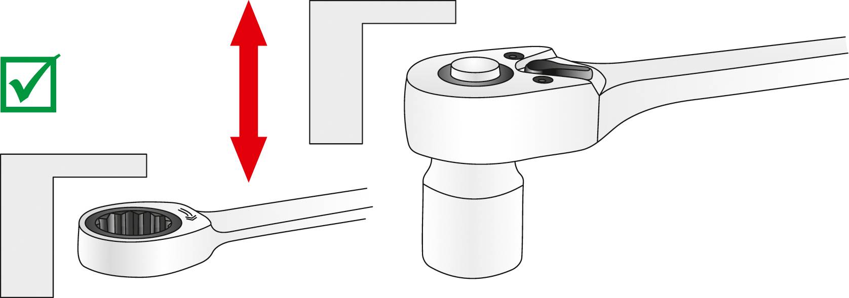 Diagram mechanizmu zapadkowego z strzałkami wskazującymi ruch obrotowy. Po lewej stronie hak, po prawej stronie zapadka z nasadką.