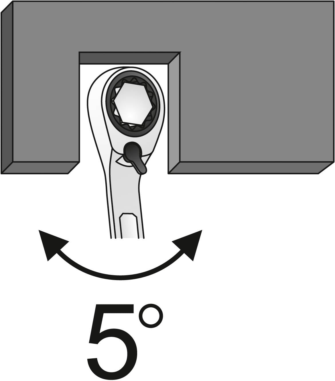Przegięta grzechotka do wąskich przestrzeni" prezentuje klucz zapadkowy pod kątem 5 stopni, idealny do trudno dostępnych miejsc.